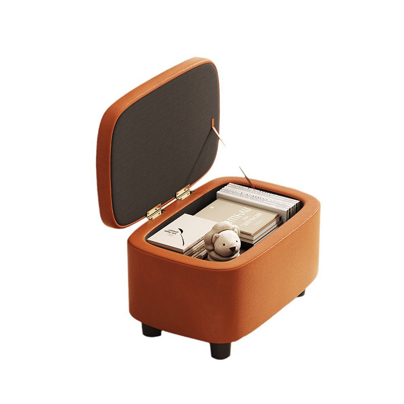 Modern Minimalist Rounded-Edge Solid Wood Stool with PU Leather – Low-Profile Entryway Stool with 1-Storage Compartment