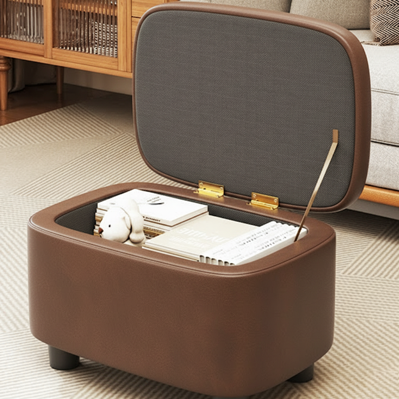Modern Minimalist Rounded-Edge Solid Wood Stool with PU Leather – Low-Profile Entryway Stool with 1-Storage Compartment