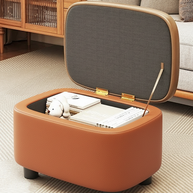 Modern Minimalist Rounded-Edge Solid Wood Stool with PU Leather – Low-Profile Entryway Stool with 1-Storage Compartment
