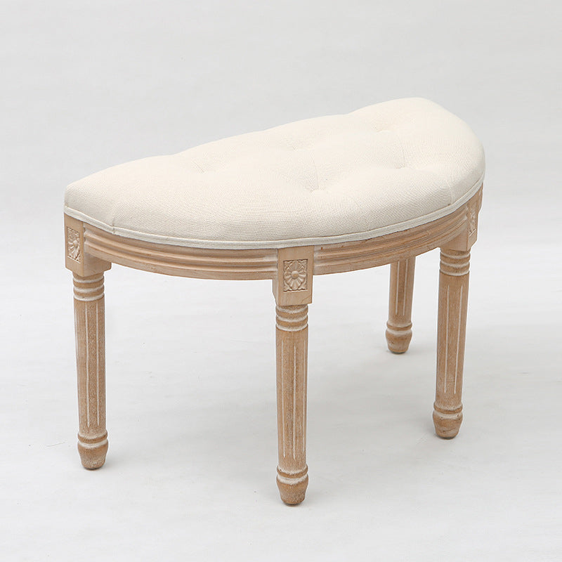French Country Tufted Linen Vanity Stool Solid Wood Demilune Makeup Chair for Bedroom and Walk-in Closet