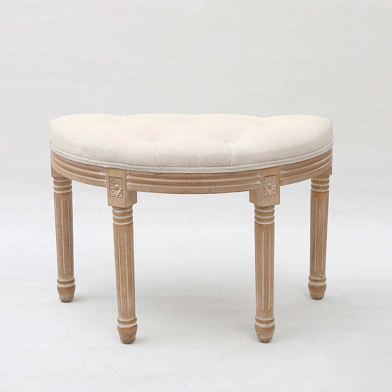 French Country Tufted Linen Vanity Stool Solid Wood Demilune Makeup Chair for Bedroom and Walk-in Closet