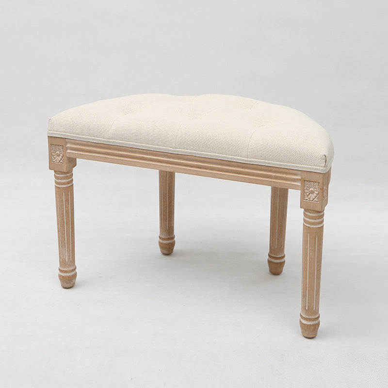 French Country Tufted Linen Vanity Stool Solid Wood Demilune Makeup Chair for Bedroom and Walk-in Closet