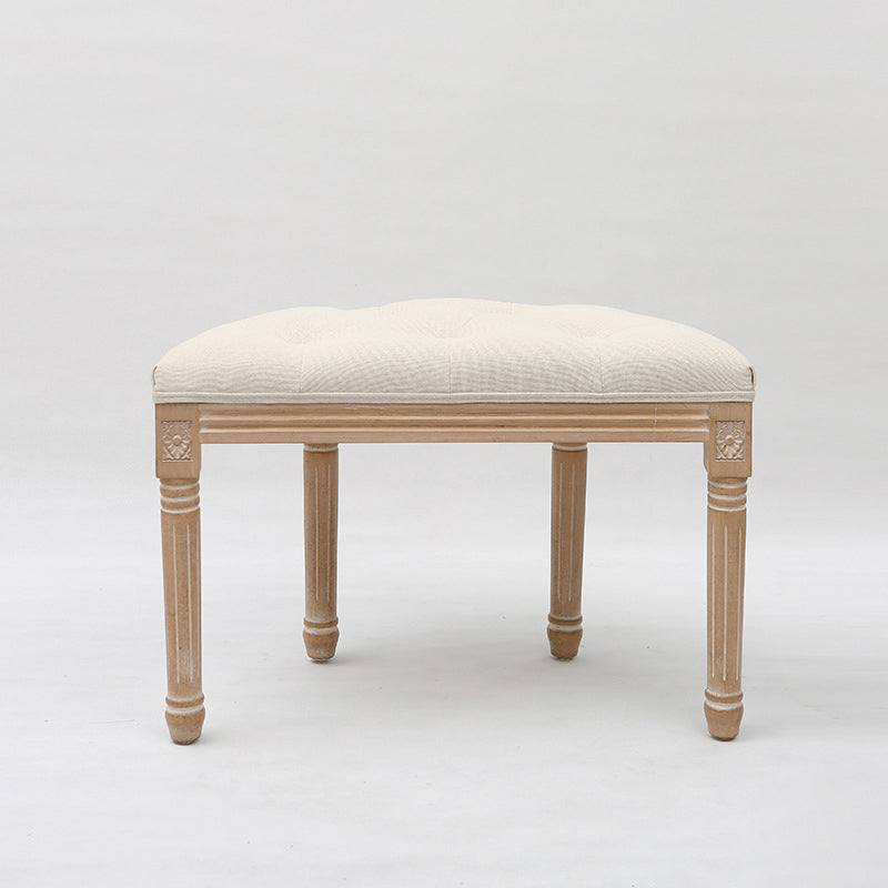 French Country Tufted Linen Vanity Stool Solid Wood Demilune Makeup Chair for Bedroom and Walk-in Closet