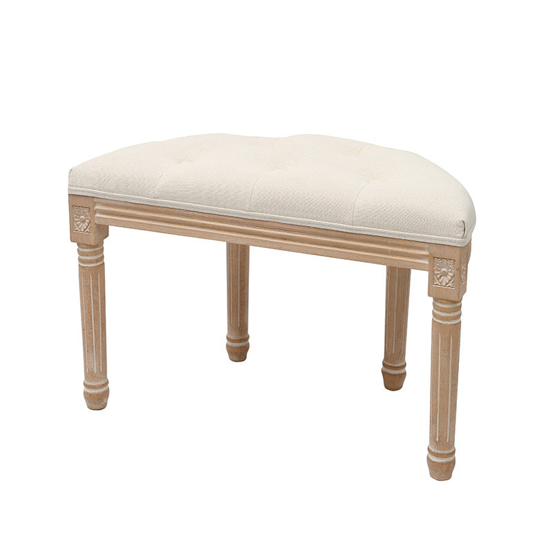 French Country Tufted Linen Vanity Stool Solid Wood Demilune Makeup Chair for Bedroom and Walk-in Closet