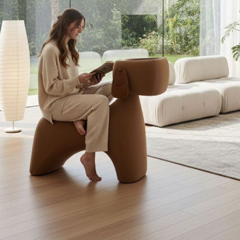 Contemporary Dog-Design Kids Stool in Brushed Velvet and Carbon Steel with Rotating Head for Living Room