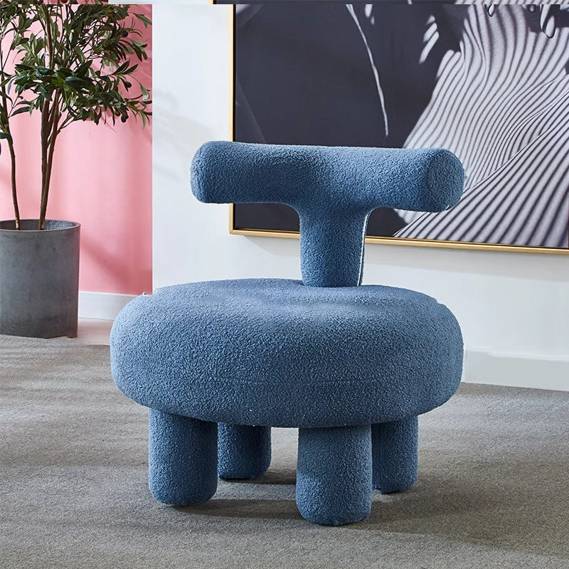 Modern Minimalist Round Sherpa-Fabric Stool with Backrest, Low-Profile MDF Construction for Living Room & Entryway
