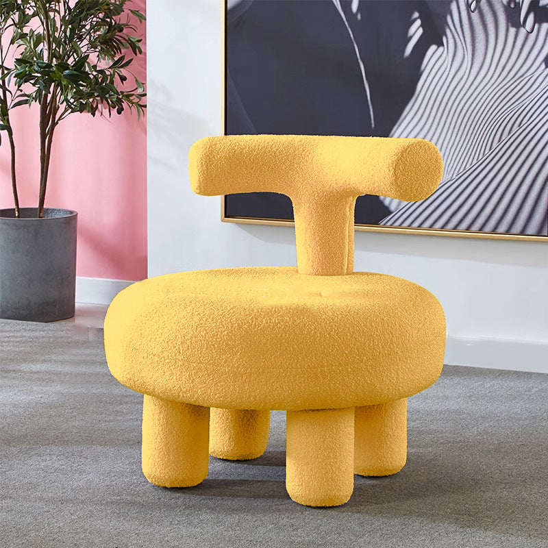 Modern Minimalist Round Sherpa-Fabric Stool with Backrest, Low-Profile MDF Construction for Living Room & Entryway