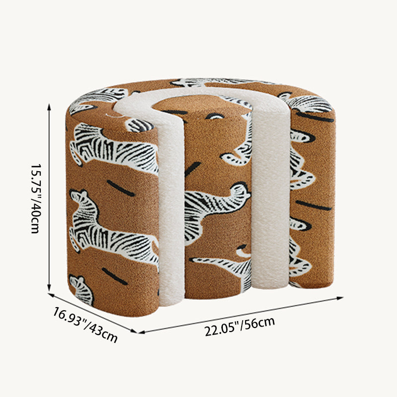 Contemporary U-Shaped Low Stool with Plywood Frame, Sherpa Fabric, Zebra Pattern — Perfect for Entryway and Living Room