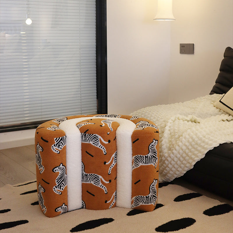 Contemporary U-Shaped Low Stool with Plywood Frame, Sherpa Fabric, Zebra Pattern — Perfect for Entryway and Living Room
