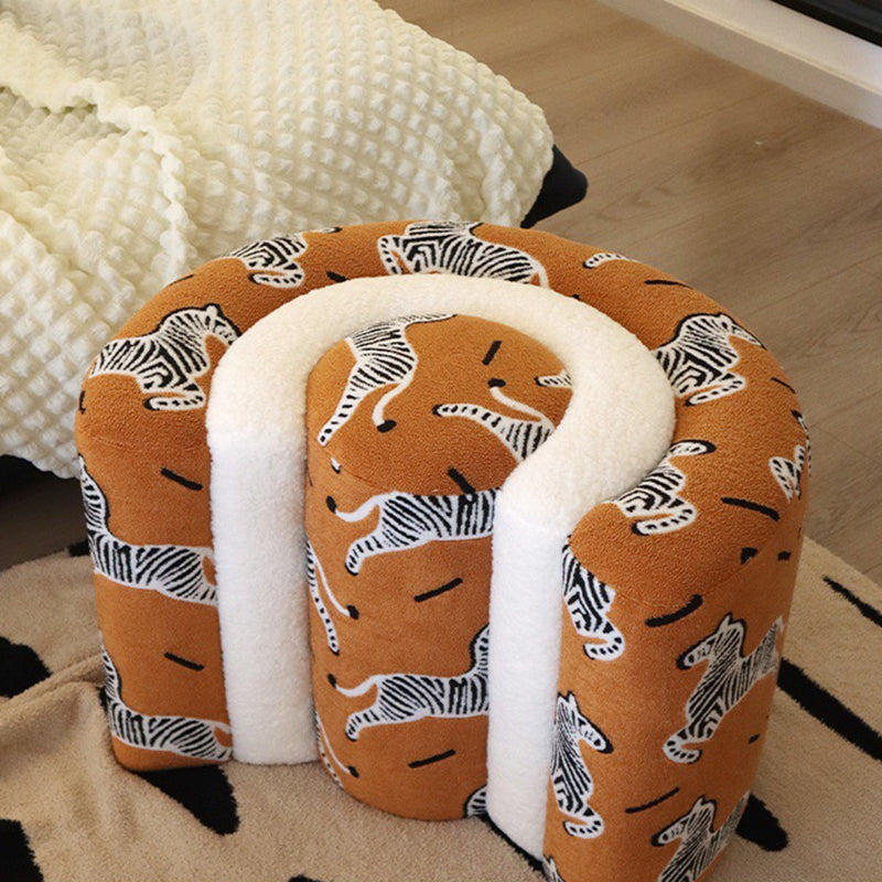 Contemporary U-Shaped Low Stool with Plywood Frame, Sherpa Fabric, Zebra Pattern — Perfect for Entryway and Living Room