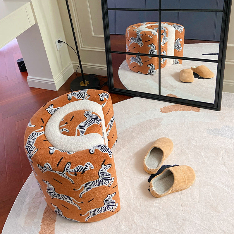 Contemporary U-Shaped Low Stool with Plywood Frame, Sherpa Fabric, Zebra Pattern — Perfect for Entryway and Living Room
