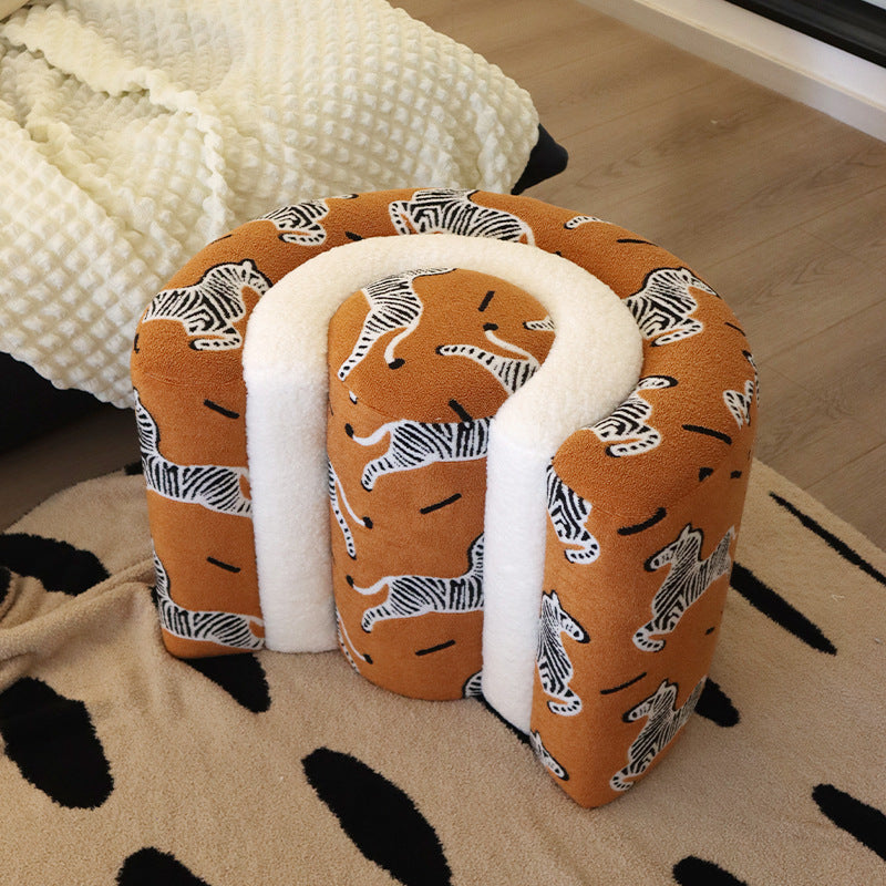 Contemporary U-Shaped Low Stool with Plywood Frame, Sherpa Fabric, Zebra Pattern — Perfect for Entryway and Living Room