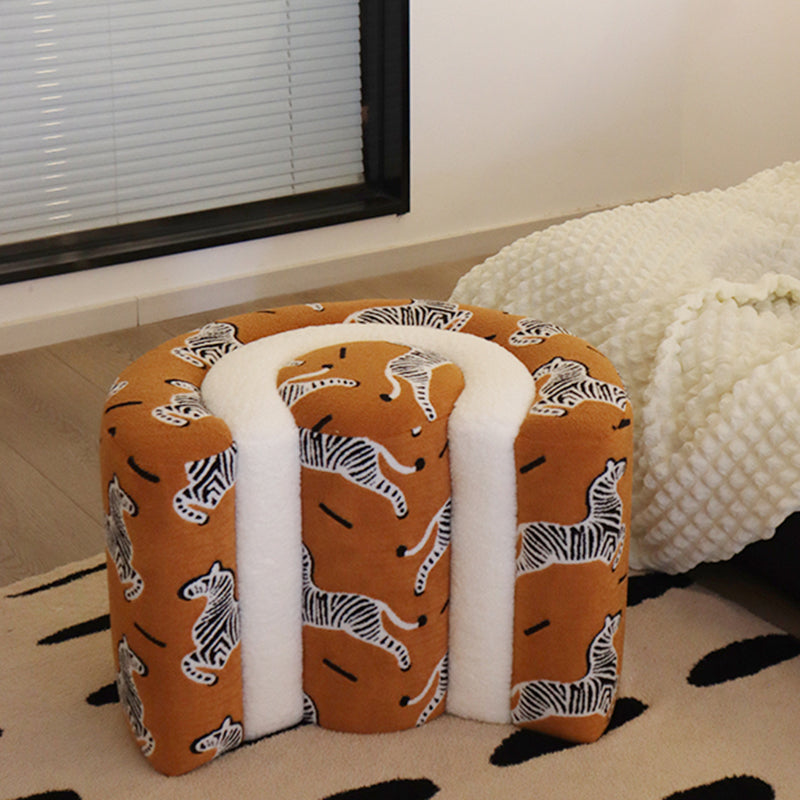 Contemporary U-Shaped Low Stool with Plywood Frame, Sherpa Fabric, Zebra Pattern — Perfect for Entryway and Living Room