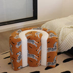 Contemporary U-Shaped Low Stool with Plywood Frame, Sherpa Fabric, Zebra Pattern — Perfect for Entryway and Living Room