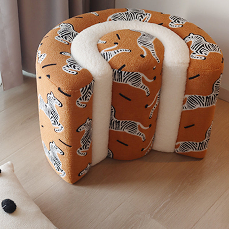 Contemporary U-Shaped Low Stool with Plywood Frame, Sherpa Fabric, Zebra Pattern — Perfect for Entryway and Living Room