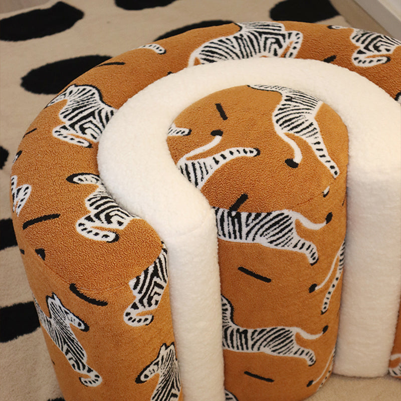 Contemporary U-Shaped Low Stool with Plywood Frame, Sherpa Fabric, Zebra Pattern — Perfect for Entryway and Living Room