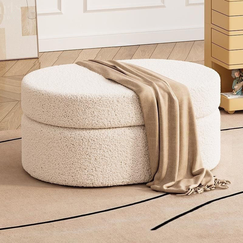 Modern Minimalist Sherpa Fabric Oval Stool with Hidden Storage - Solid Wood Frame, MDF Construction, Low-Profile Entryway Stool