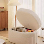 Modern Minimalist Sherpa Fabric Oval Stool with Hidden Storage - Solid Wood Frame, MDF Construction, Low-Profile Entryway Stool