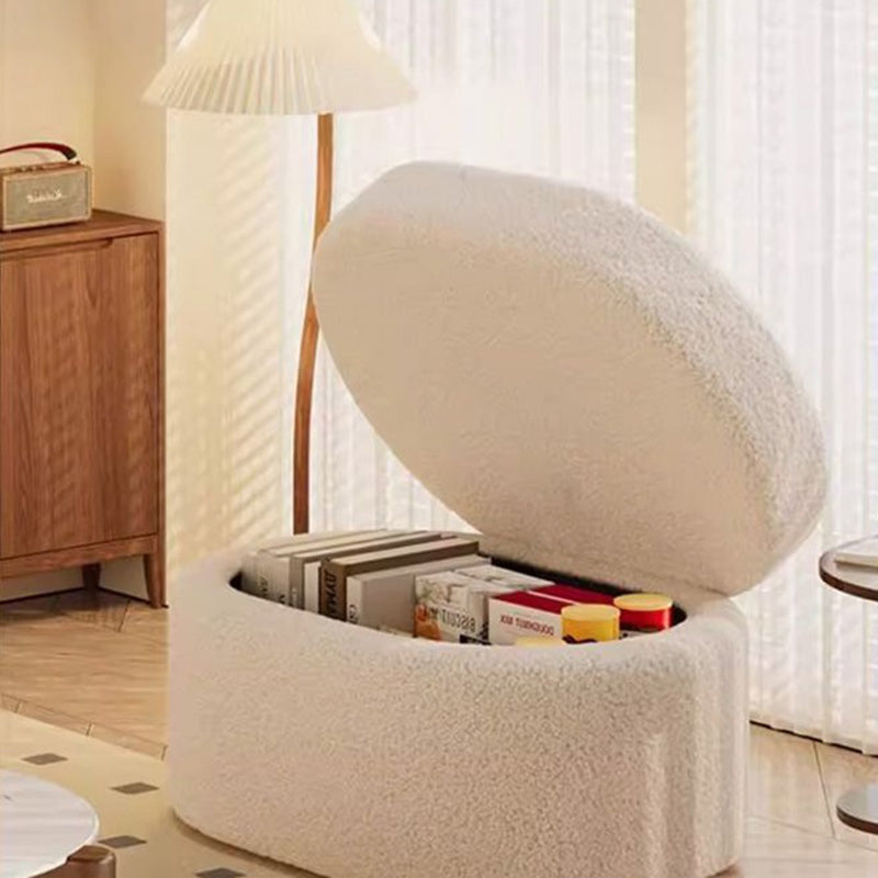 Modern Minimalist Sherpa Fabric Oval Stool with Hidden Storage - Solid Wood Frame, MDF Construction, Low-Profile Entryway Stool