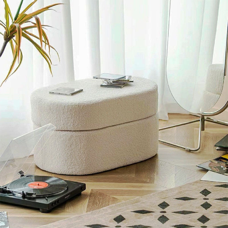 Modern Minimalist Sherpa Fabric Oval Stool with Hidden Storage - Solid Wood Frame, MDF Construction, Low-Profile Entryway Stool