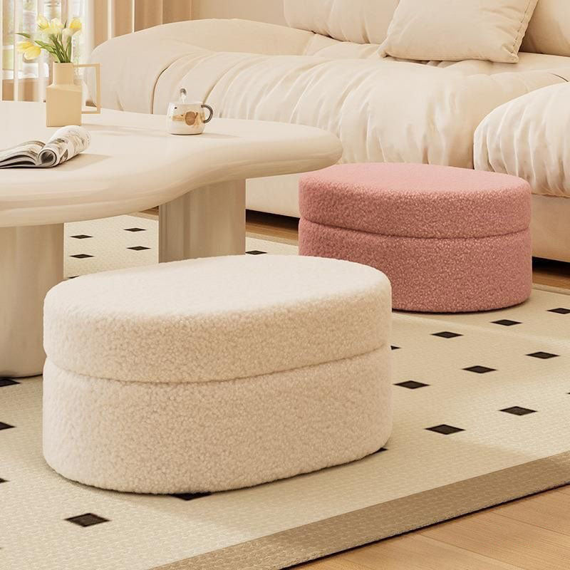 Modern Minimalist Sherpa Fabric Oval Stool with Hidden Storage - Solid Wood Frame, MDF Construction, Low-Profile Entryway Stool