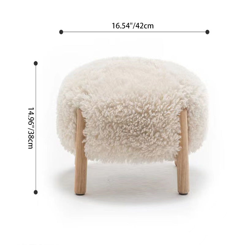 Modern Scandinavian Round Stool in Solid Wood with Sherpa Fabric - Low Profile for Entryway & Living Room