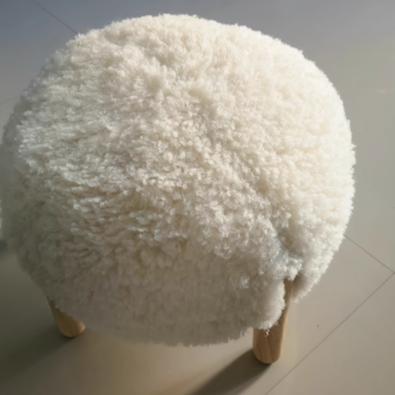 Modern Scandinavian Round Stool in Solid Wood with Sherpa Fabric - Low Profile for Entryway & Living Room