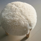 Modern Scandinavian Round Stool in Solid Wood with Sherpa Fabric - Low Profile for Entryway & Living Room