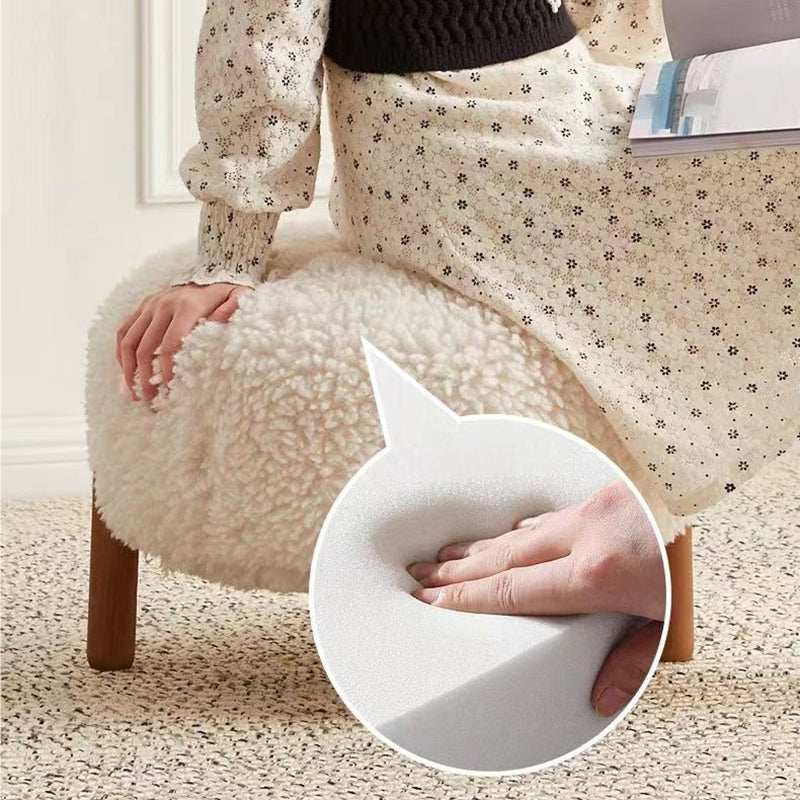 Modern Scandinavian Round Stool in Solid Wood with Sherpa Fabric - Low Profile for Entryway & Living Room