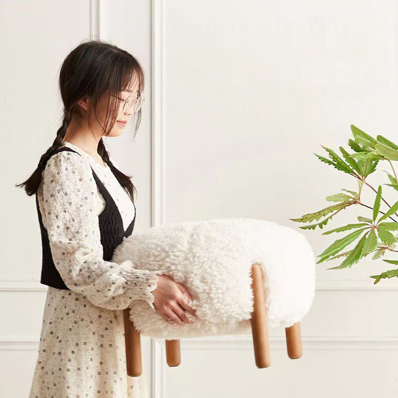 Modern Scandinavian Round Stool in Solid Wood with Sherpa Fabric - Low Profile for Entryway & Living Room
