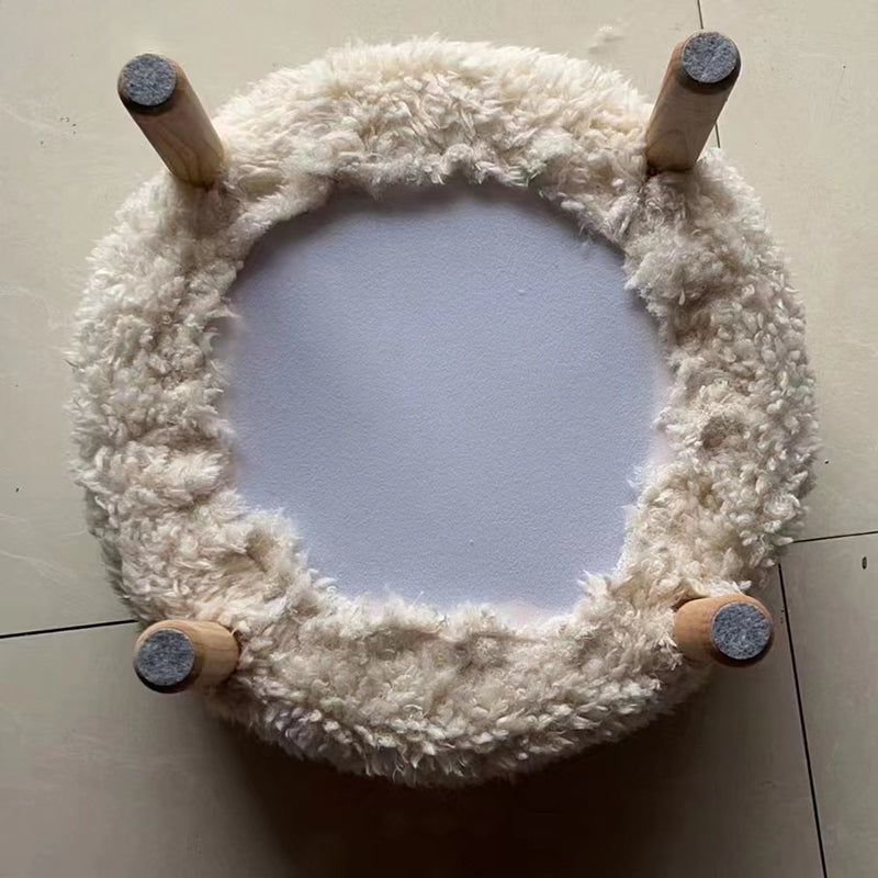 Modern Scandinavian Round Stool in Solid Wood with Sherpa Fabric - Low Profile for Entryway & Living Room