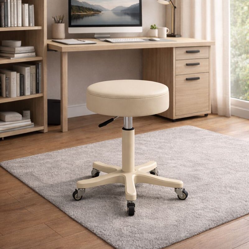 Taburete redondo moderno minimalista de piel sintética y nailon PP con altura ajustable, giratorio y ruedas para sala de estar y dormitorio