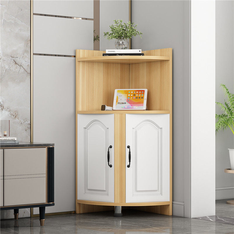 Contemporary Nordic Triangular Particle Board Corner Shelf Unit With 2-Cabinet 2-Tier For Living Room