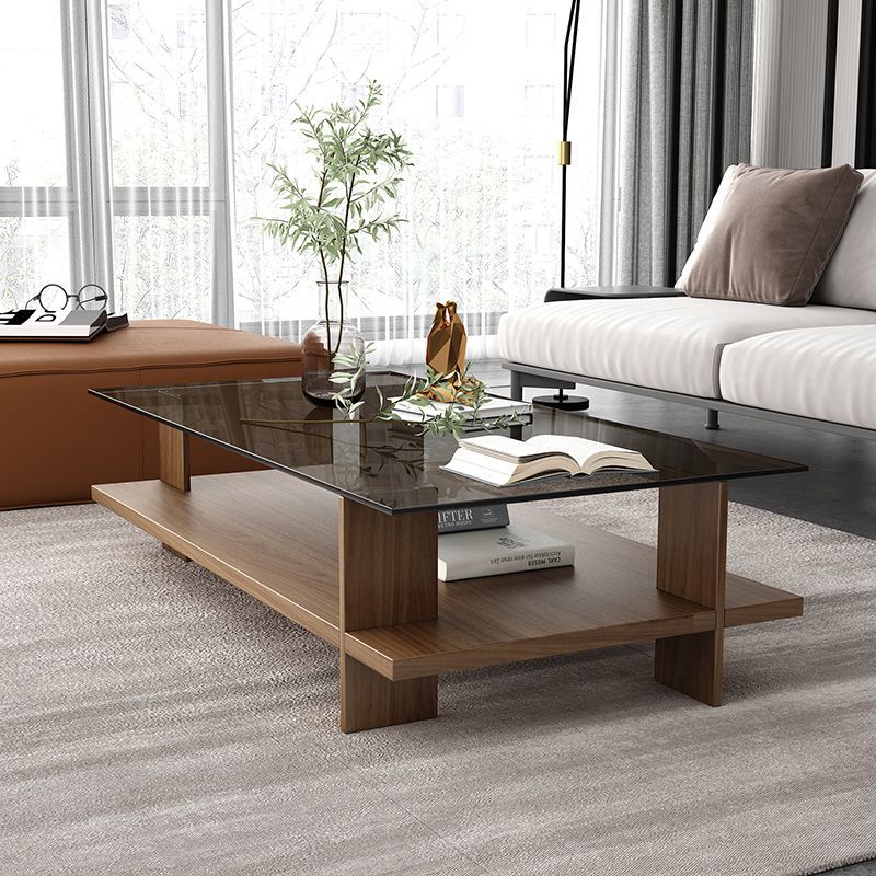 Modern Minimalist Tempered Glass & Particle Board Rectangular Coffee Table 2-Tier For Living Room