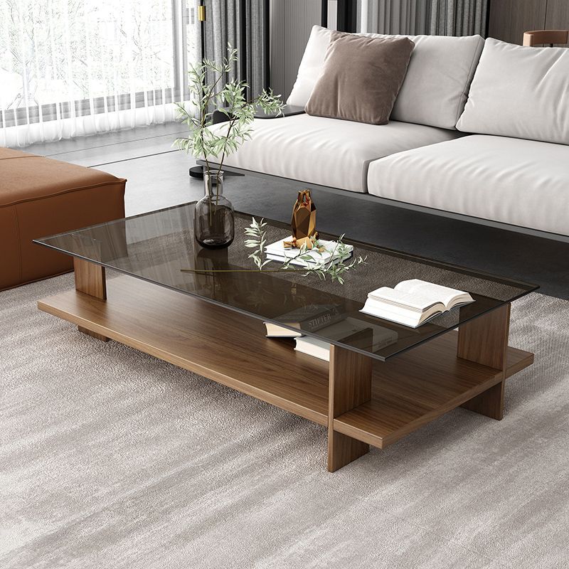 Modern Minimalist Tempered Glass & Particle Board Rectangular Coffee Table 2-Tier For Living Room