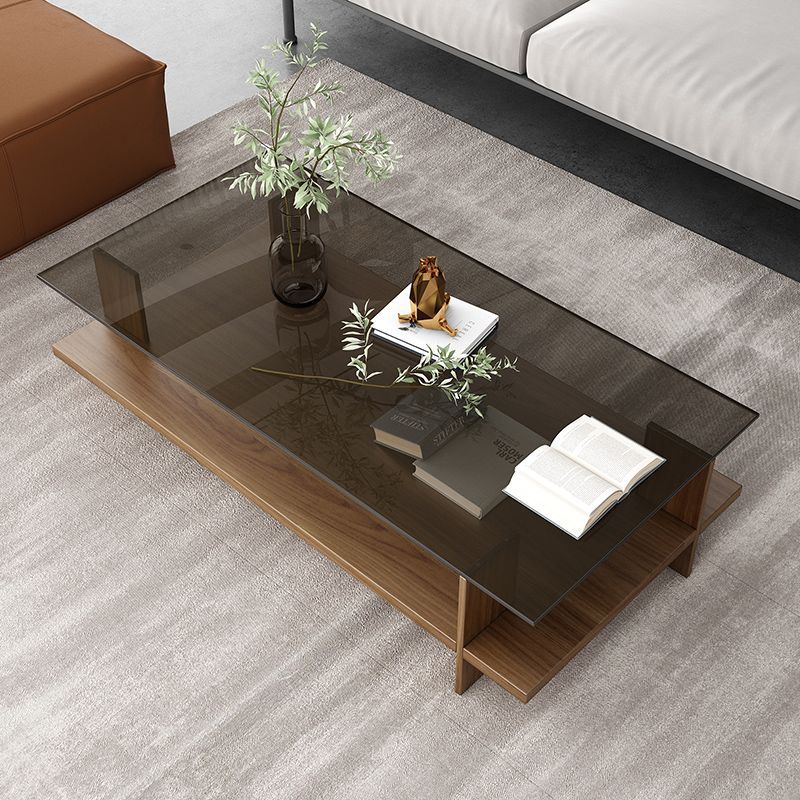 Modern Minimalist Tempered Glass & Particle Board Rectangular Coffee Table 2-Tier For Living Room