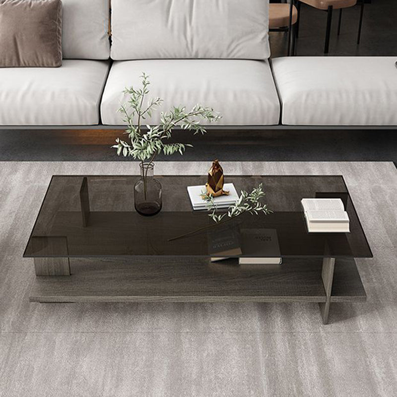 Modern Minimalist Tempered Glass & Particle Board Rectangular Coffee Table 2-Tier For Living Room