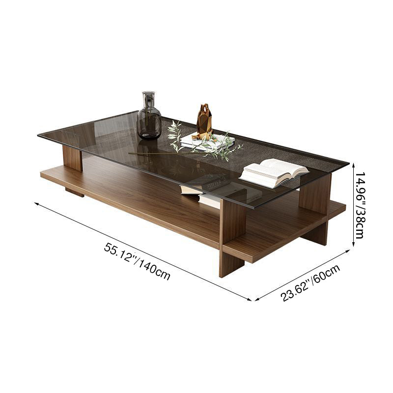 Modern Minimalist Tempered Glass & Particle Board Rectangular Coffee Table 2-Tier For Living Room