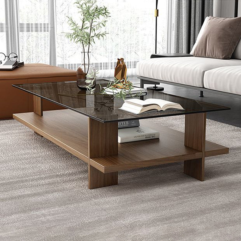 Modern Minimalist Tempered Glass & Particle Board Rectangular Coffee Table 2-Tier For Living Room
