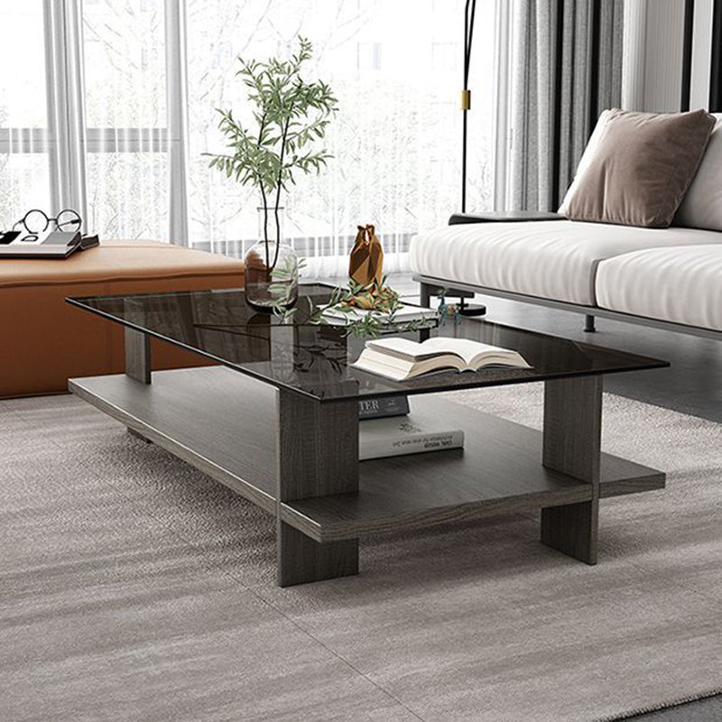 Modern Minimalist Tempered Glass & Particle Board Rectangular Coffee Table 2-Tier For Living Room