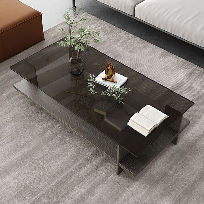 Modern Minimalist Tempered Glass & Particle Board Rectangular Coffee Table 2-Tier For Living Room