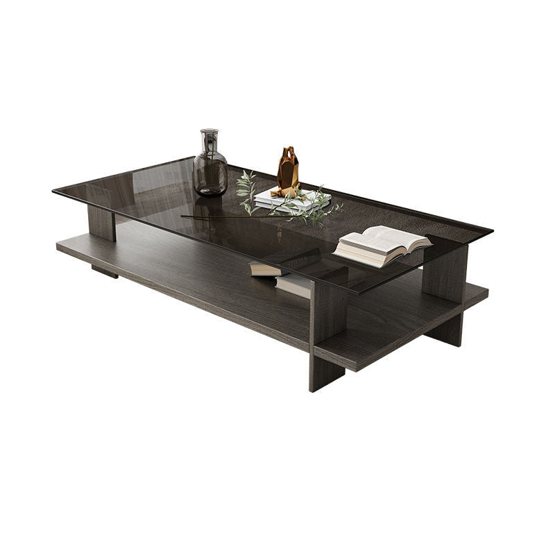 Modern Minimalist Tempered Glass & Particle Board Rectangular Coffee Table 2-Tier For Living Room