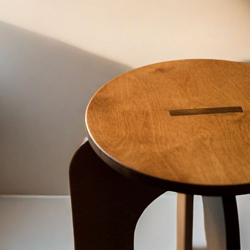 Taburete redondo de madera de abedul con estilo retro contemporáneo – Asiento versátil de perfil bajo para sala de estar, dormitorio y entrada