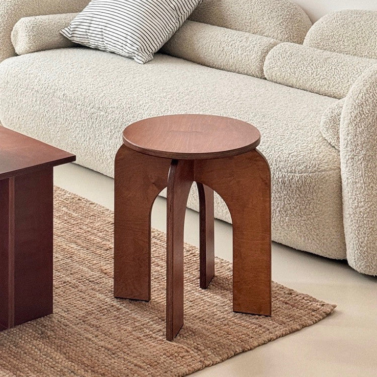 Taburete redondo de madera de abedul con estilo retro contemporáneo – Asiento versátil de perfil bajo para sala de estar, dormitorio y entrada
