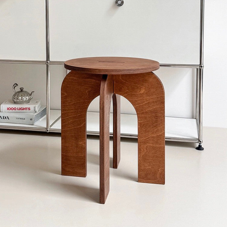 Taburete redondo de madera de abedul con estilo retro contemporáneo – Asiento versátil de perfil bajo para sala de estar, dormitorio y entrada