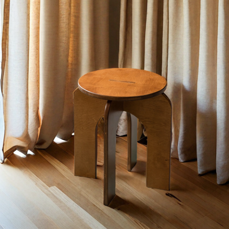 Taburete redondo de madera de abedul con estilo retro contemporáneo – Asiento versátil de perfil bajo para sala de estar, dormitorio y entrada