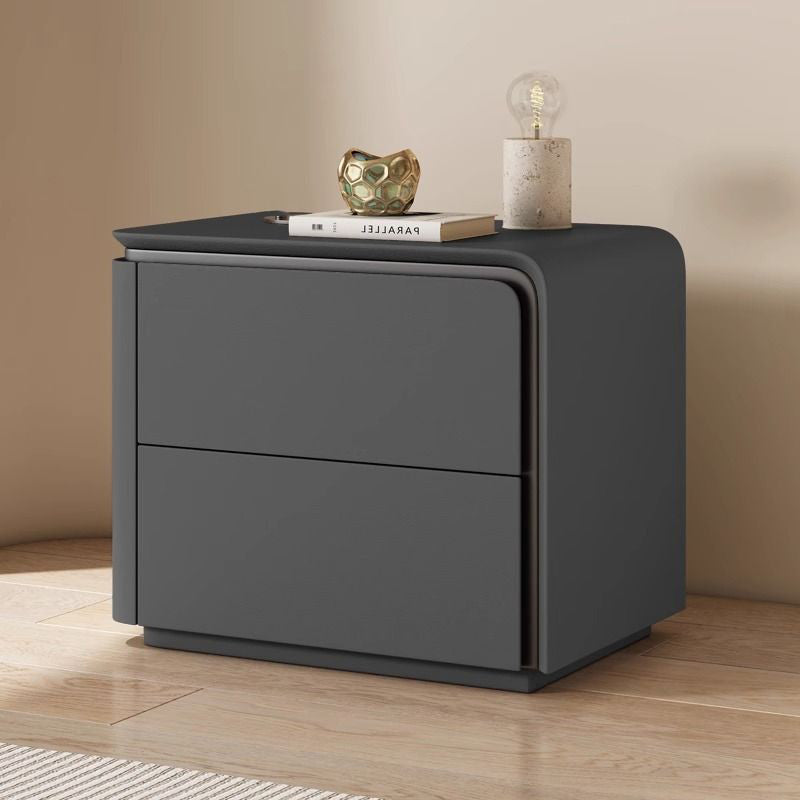 Modern Minimalist Rounded-Edge Microfiber Leather Solid Wood Nightstand 2-Drawer For Bedroom