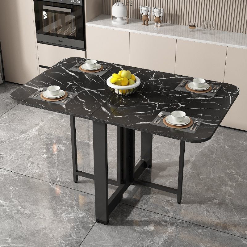 Modern Minimalist Rounded Rectangular Iron MDF Foldable Space-Saving Drop Leaf Dining Table For 4-6 Seats