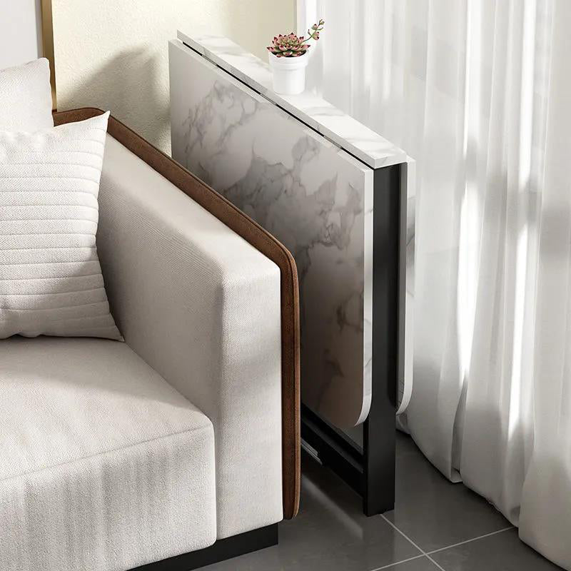 Mesa de comedor rectangular redonda de hierro y MDF, moderna, minimalista, plegable, que ahorra espacio, con alas abatibles, para 4-6 asientos.