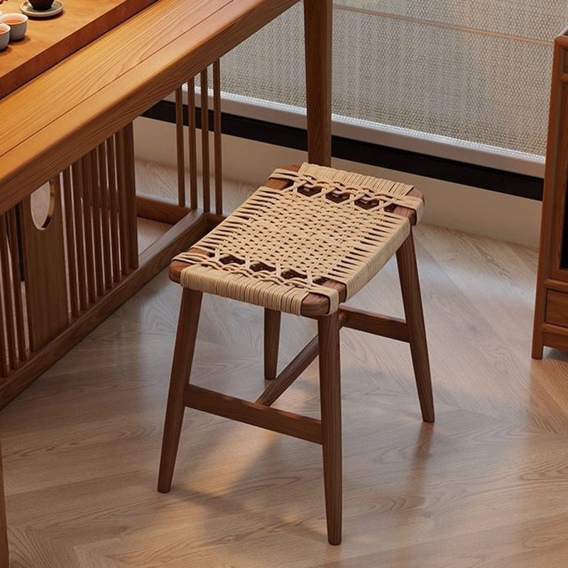 Taburete de tocador tradicional rústico rectangular de papel kraft con cuerda de madera maciza sin respaldo ni apoyabrazos para dormitorio